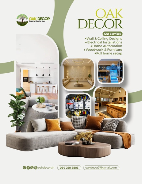 interior design, home decor services, home renovation, interior decoration, home setup, furniture design, home automation, brand awareness, product launch, lifestyle, modern typography, calm, warm, neutral, green, brown